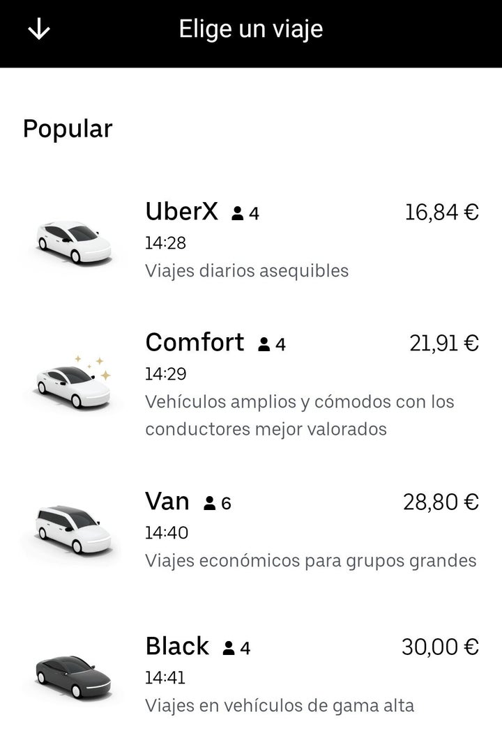 Los diferentes servicios ofrecidos por Uber para un trayecto en Madrid.