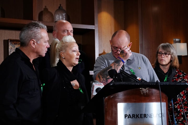 Tim Dunn and Charlotte Charles, parents of British teen Harry Dunn who was killed in a car crash on his motorcycle, attend a news conference in New York on Monday.