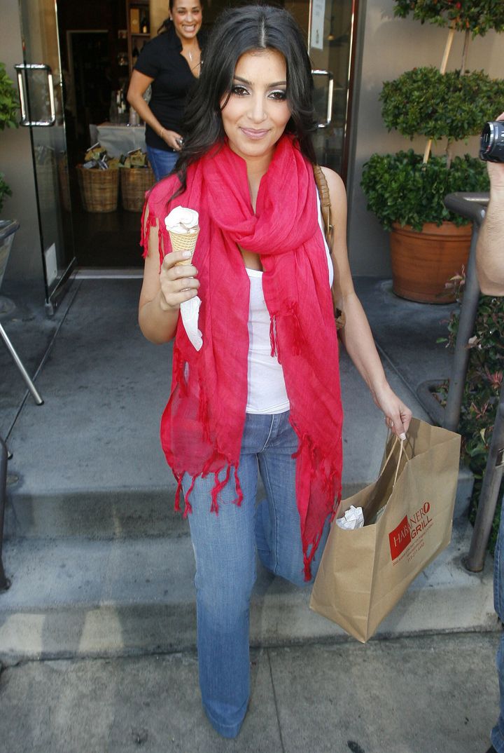 Kim Kardashian grabs an ice cream cone after shopping on Robertson Boulevard on July 31, 2008, in Beverly Hills, California.