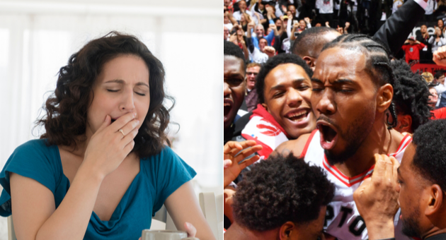 What do these two have in common? Both ex-Raptors member Kawhi Leonard and a yawning mom are probably members of the sleep deprivation club.