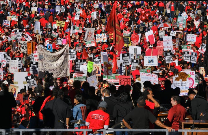 Thousands of striking Los Angeles Unified teachers gather in front of Los Angeles City Hall on Jan. 22.