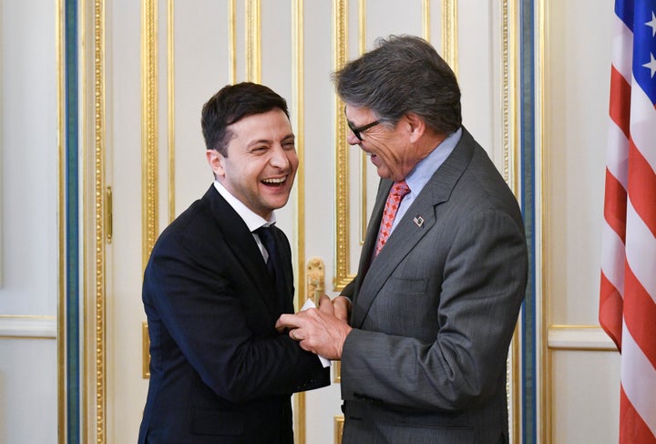 Ukrainian President Volodymyr Zelensky, left, and U.S. Energy Secretary Rick Perry at their May 20 meeting in Kyiv, Ukraine.