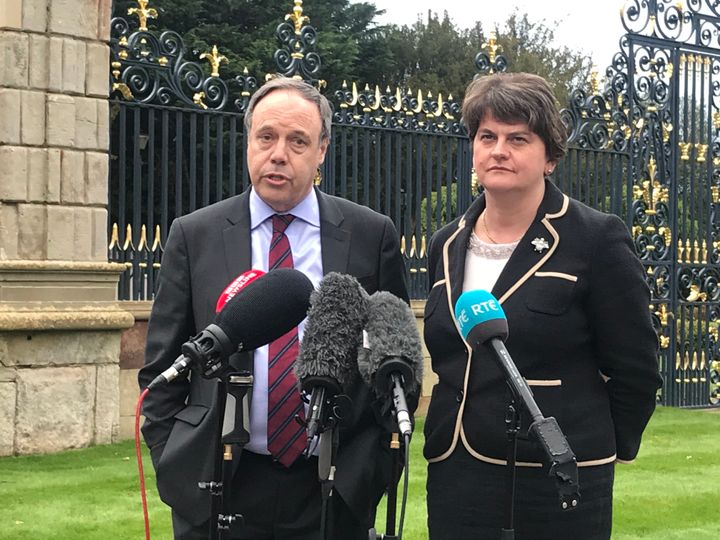 DUP Deputy leader Nigel Dodds and leader Arlene Foster speak to media at Hillsborough Castle after meeting NI Secretary Julian Smith.