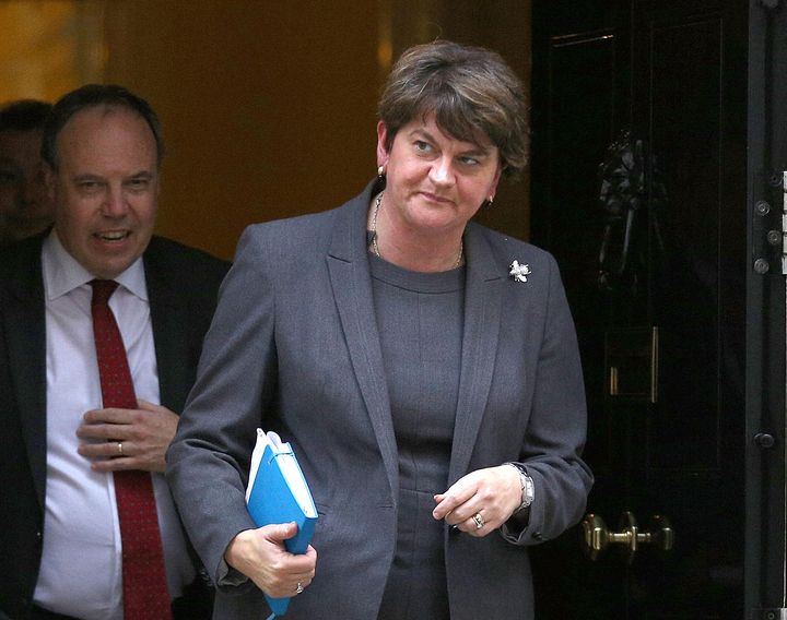 DUP Leader Arlene Foster and deputy leader Nigel Dodds exit 10 Downing Street, London following a meeting with Prime Minister Boris Johnson.