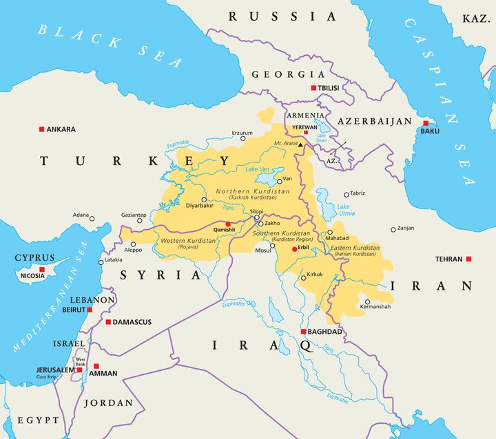 黄色がクルド人の居住地域。トルコ、シリア、イラン、イラクなどにまたがっている。