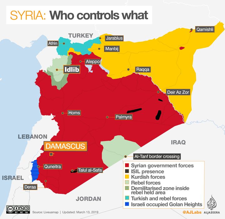シリアの各勢力の支配地域。赤がアサド政権。黄色がクルド人勢力。黒がIS。