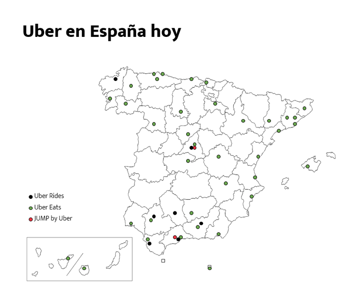 Mapa de los diferentes servicios de Uber en España.