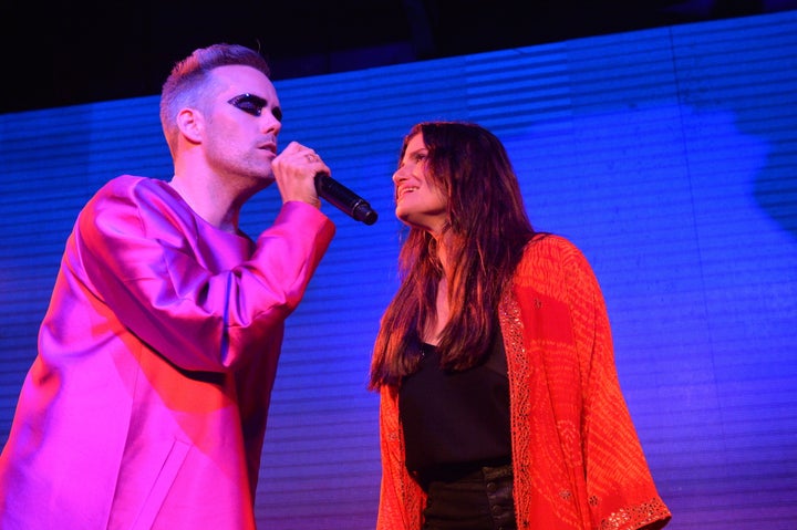 Justin Tranter (left) performs with Idina Menzel at the 2019 Spirit Day concert in Los Angeles. 