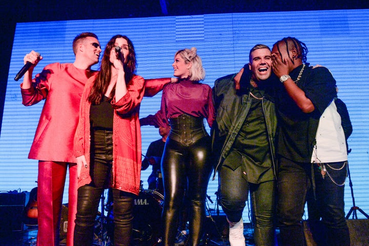 From left: Justin Tranter, Idina Menzel, Bebe Rexha, Jesse Saint John and Jozzy take the stage at BEYOND Spirit Day concert 2019.