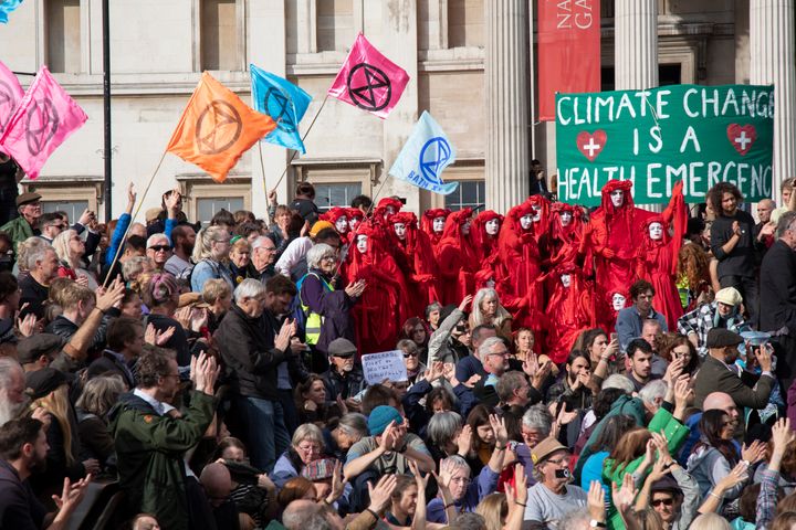 Despite a directive from the police not to gather, Extinction Rebellion take over Trafalgar Square on October 16, 2019 in London. (photo by Mike Kemp/In Pictures via Getty Images)