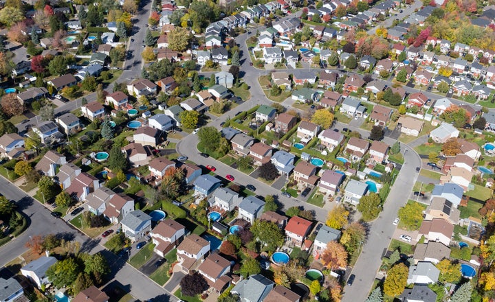 Aerial view over a suburban residential area in Montreal.