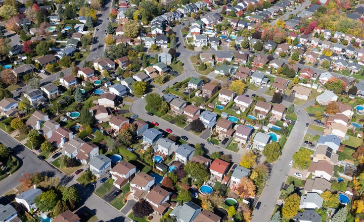 Aerial view over a suburban residential area in Montreal. 