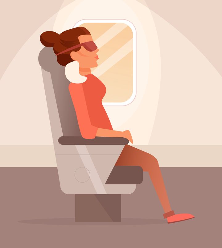 Woman sleeping on a plane. Sleep mask Vector. Cartoon. Isolated art