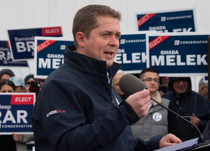 Conservative Leader Andrew Scheer speaks during a campaign stop in Brampton, Ont., on Oct. 17, 2019. 