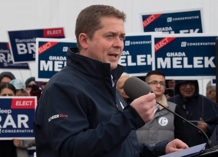 Conservative Leader Andrew Scheer speaks during a campaign stop in Brampton, Ont., on Oct. 17, 2019. 