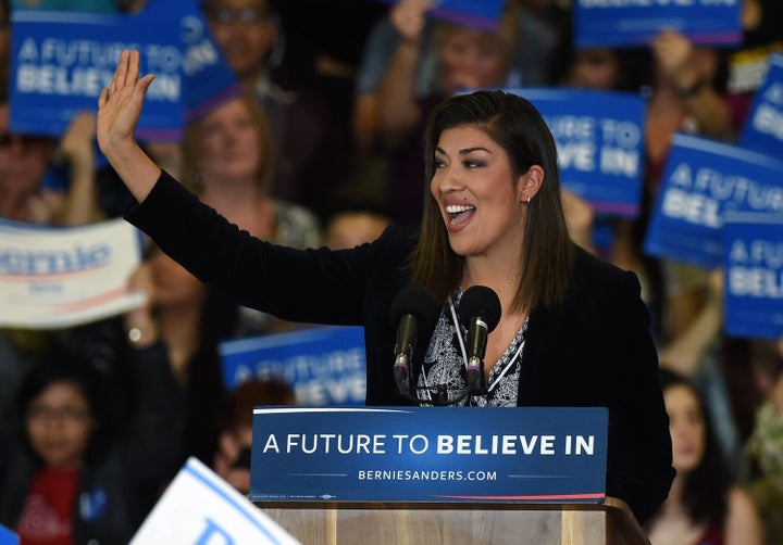 Lucy Flores, seen here campaigning for Sen. Bernie Sanders (I-Vt.) during his 2016 presidential run, is backing Sen. Elizabeth Warren (D-Mass.) this time.