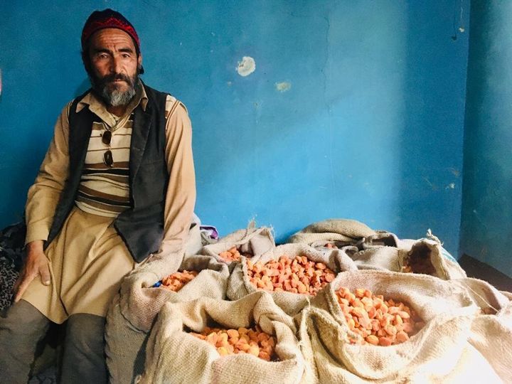Ahmed Hussain, a 61 year old apricot farmer from Kargil's Hardass village with his unsold dried apricots. 