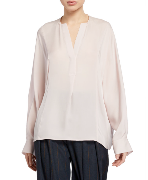 <a href="https://www.neimanmarcus.com/p/vince-half-placket-long-sleeve-silk-blouse-prod221390233?childItemId=NMTYW8X_" target="_blank" rel="noopener noreferrer">Vince,&nbsp;Half-Placket Long-Sleeve Silk Blouse, $325﻿</a>