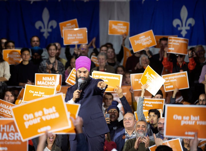 New Democratic Party Leader Jagmeet Singh gestures during an election campaign rally in Montreal on Oct. 16, 2019.