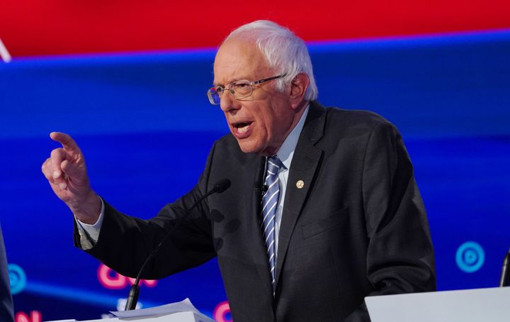 Sen. Bernie Sanders (I-Vt.) speaks during the fourth debate in Westerville, Ohio, this past Tuesday. He hopes to build momentum with his first campaign rally after a heart attack.