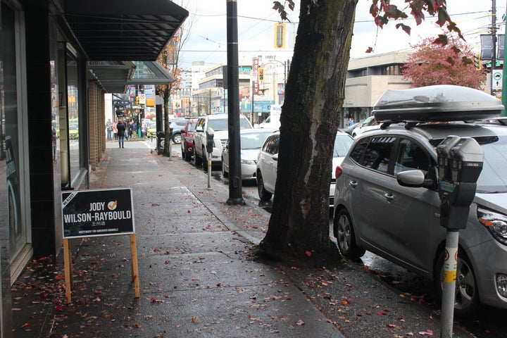 A campaign sign sits outside of Jody Wilson-Raybould's campaign office on Granville Street in Vancouver.