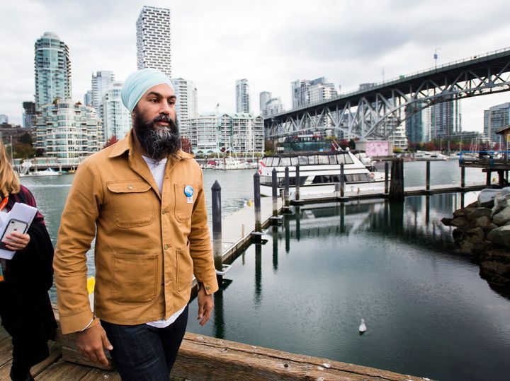 NDP leader Jagmeet Singh leaves the boardwalk after speaking to the media during a campaign stop at Granville Island in Vancouver on Oct. 14, 2019.