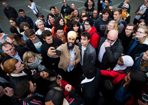 NDP Leader Jagmeet Singh greets students at the University of Victoria during a campaign stop in Victoria...