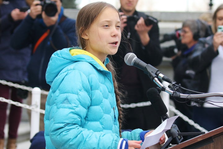 Swedish climate activist Greta Thunberg speaks at a rally at the Alberta Legislature Building in Edmonton on Friday.