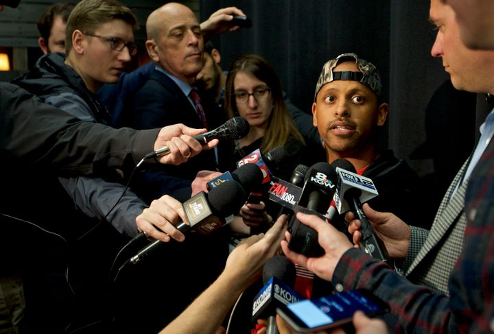 Parkrose High School football coach Keanon Lowe talks to reporters before Game 4 of the NBA basketball playoffs Western Conference finals between the Portland Trail Blazers and the Golden State Warriors on May 20, 2019, in Portland, Oregon.