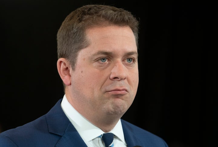 Andrew Scheer reacts to a question following as he takes questions from the media in Toronto on Oct. 19, 2019.