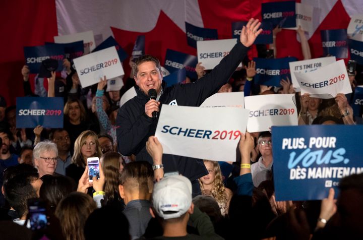 Conservative Leader Andrew Scheer waves to supporters at the end of his speech during a campaign rally in Richmond Hill, Ont. on Oct. 19, 2019. 