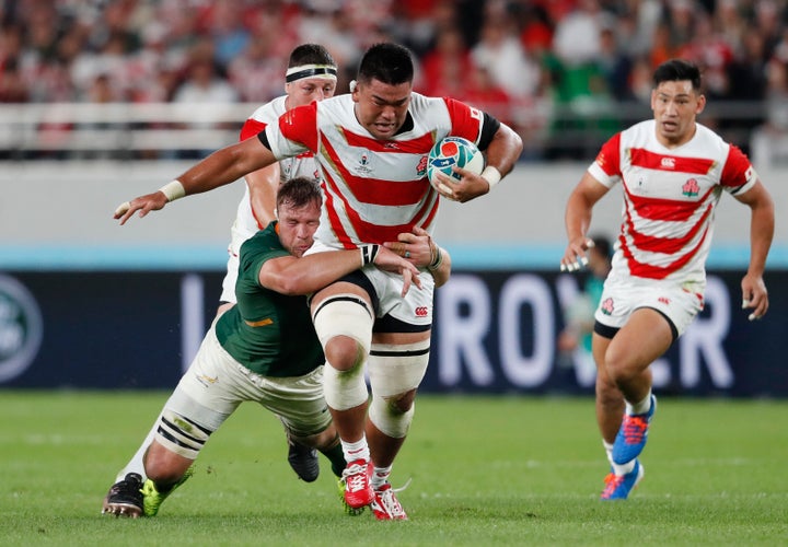 Rugby Union - Rugby World Cup 2019 - Quarter Final - Japan v South Africa - Tokyo Stadium, Tokyo, Japan - October 20, 2019 Japan's Jiwon Koo in action with South Africa's Duane Vermeulen REUTERS/Matthew Childs