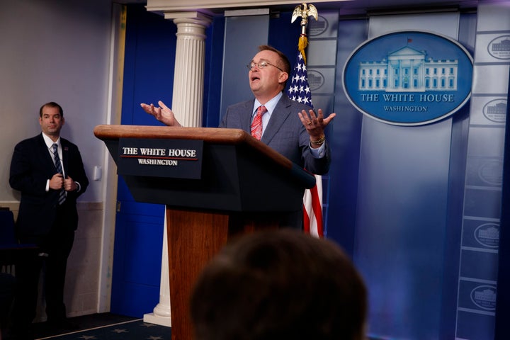 White House chief of staff Mick Mulvaney announces that the G7 will be held at Trump National Doral, Thursday, Oct. 17, 2019, in Washington. (AP Photo/Evan Vucci)