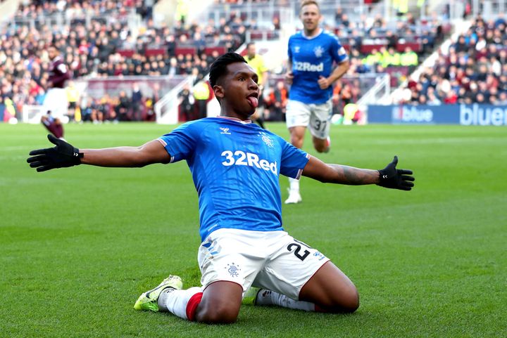 Rangers Alfredo Morelos celebrates scoring his side's first goal of the game against Heart of Midlothian, during their Scottish Premiership soccer match at Tynecastle Park in Edinburgh, Scotland, Sunday Oct. 20, 2019. (Jane Barlow/PA via AP)