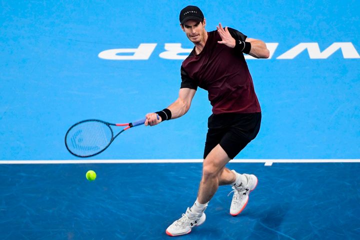 Britain's Andy Murray hits a forehand return to Switzerland's Stanislas Wawrinka during their men's single tennis final match of the European Open ATP Antwerp, on October 20, 2019 in Antwerp. (Photo by JOHN THYS / BELGA / AFP) / Belgium OUT (Photo by JOHN THYS/BELGA/AFP via Getty Images)