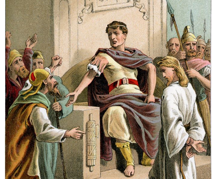 Vintage colour lithograph from 1882 of Jesus before Pontius Pilate