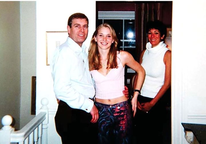 Prince Andrew, Virginia Roberts (now Giuffre), aged 17, and Ghislaine Maxwell at Maxwell's townhouse in London, in 2001. 