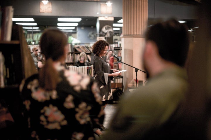 Laura Warrell giving a reading in Los Angeles at The Last Bookstore.