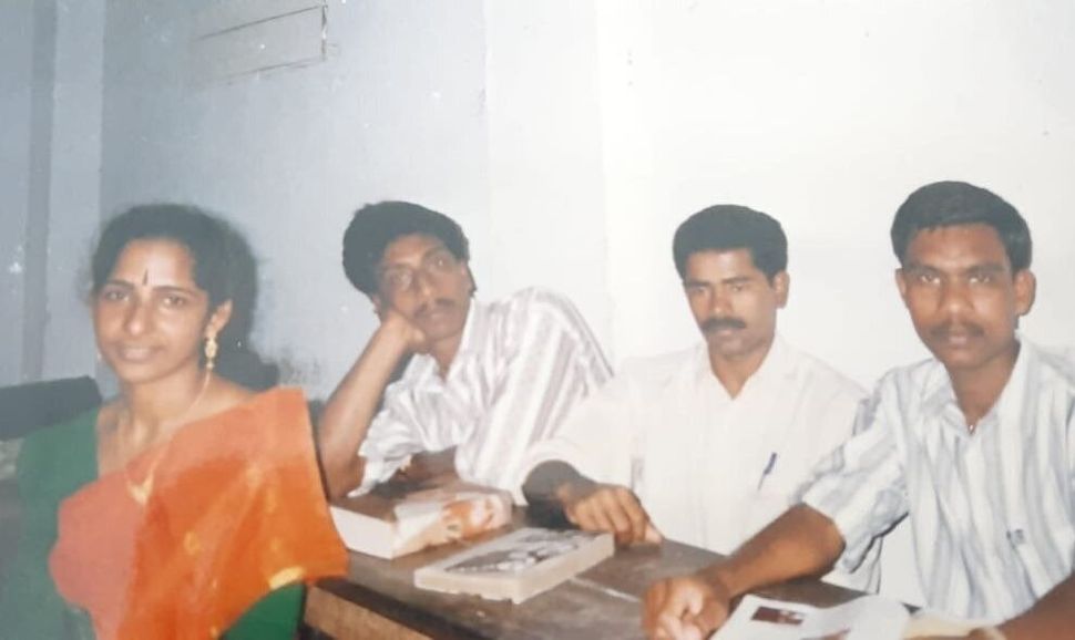 An old photo of Jolly Joseph with classmates from BCom class at a private college in Pala, Kottayam.