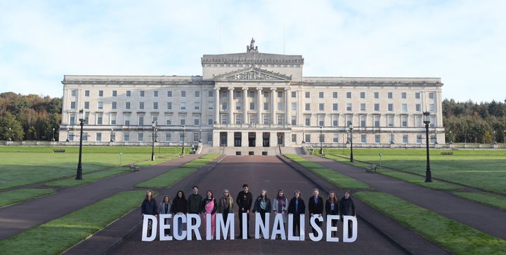 Pro Choice activists take part in a photocall in the grounds of Stormont Parliament, Belfast, the Stormont Assembly will sit for the first time in two and half years later after it was recalled by MLAs wishing to protest at changes to Northern Ireland's abortion laws.