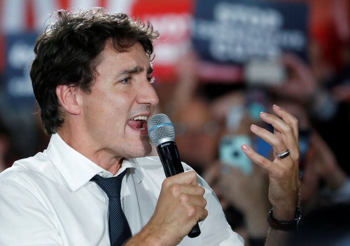 Liberal leader and Canadian Prime Minister Justin Trudeau takes part in a rally as he campaigns in Calgary, Alberta, on Saturday.