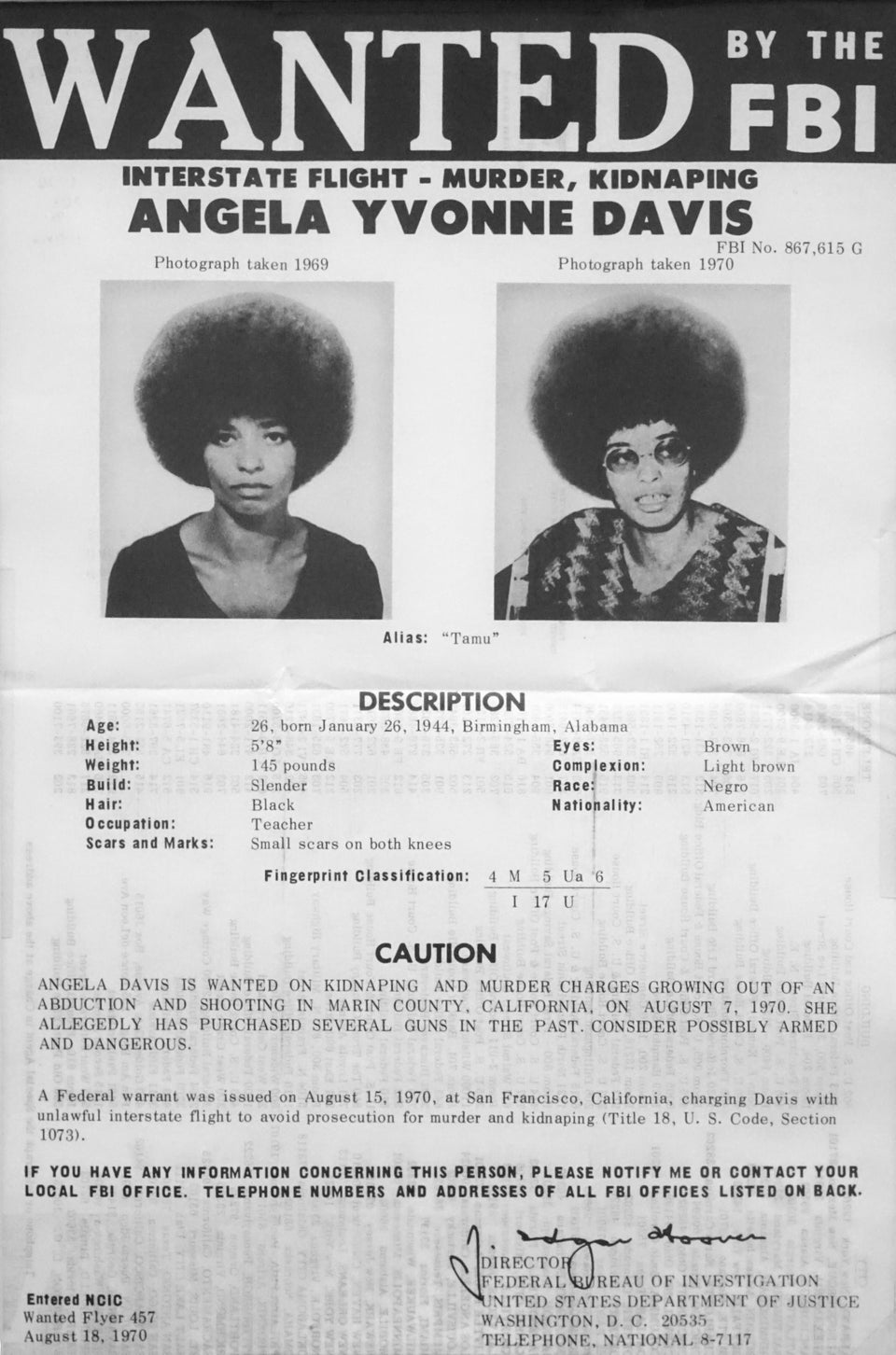 Documento policial com os dados de Angela Davis quando de sua prisão, em 1970.