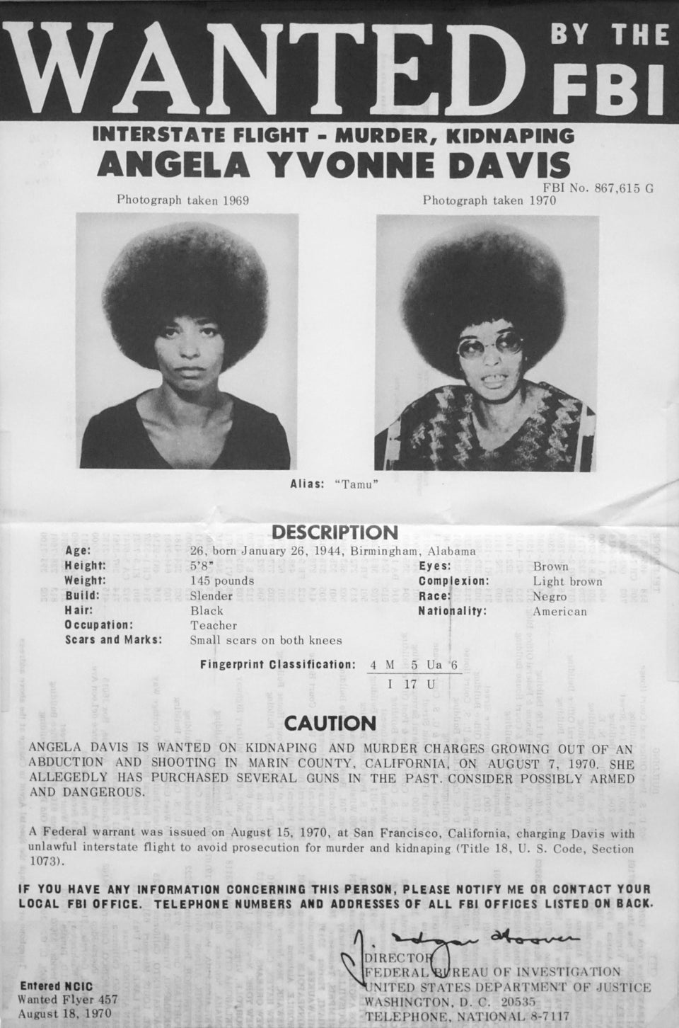 Documento policial com os dados de Angela Davis quando de sua prisão, em 1970. 