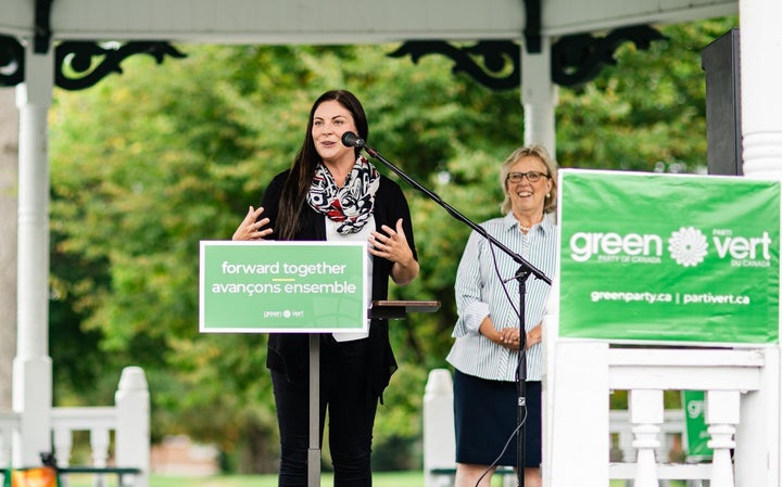 Newly elected Fredericton MP Jenica Atwin (left) and Green Party leader Elizabeth May at a rally Sept. 23, 2019.