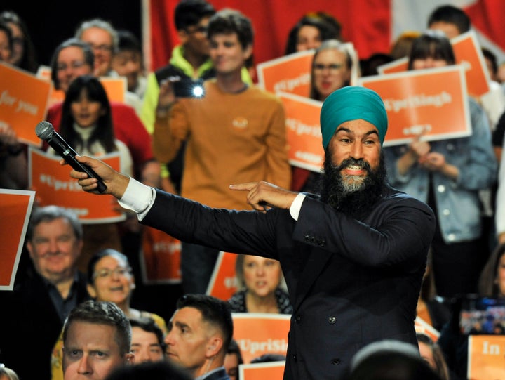 NDP Leader Jagmeet Singh addresses supporters at the Vogue Theatre in Vancouver on Oct. 19, 2019.