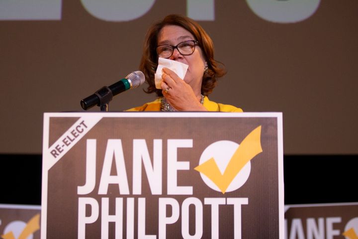 Independent candidate Jane Philpott reacts as she speaks to supporters after losing her Markham-Stouffville, Ont. seat to Liberal candidate Helena Jaczek, Oct. 21, 2019. 