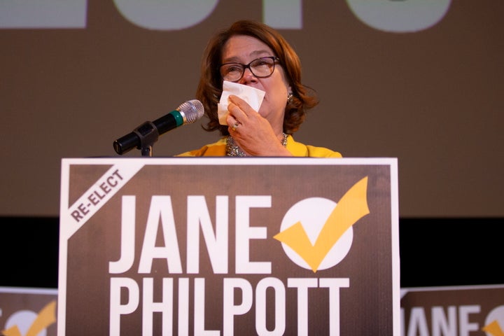 Independent candidate Jane Philpott reacts as she speaks to supporters after losing her Markham-Stouffville, Ont. seat to Liberal candidate Helena Jaczek, Oct. 21, 2019.