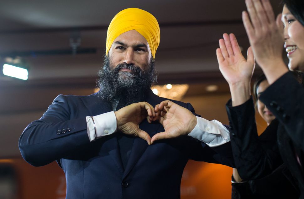 NDP Leader Jagmeet Singh gestures to supporters during an election night party in Burnaby, B.C., on Monday October 21, 2019. 