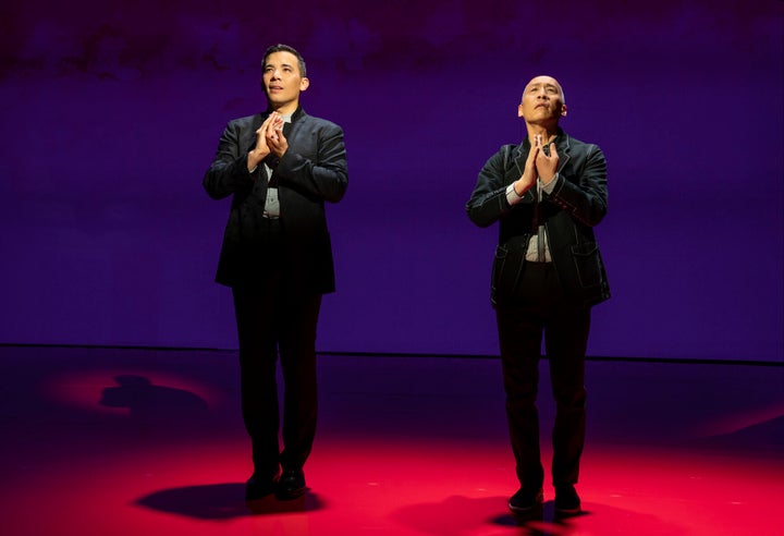 Conrad Ricamora (left) and Francis Jue star in off-Broadway's "Soft Power," now playing in New York. 