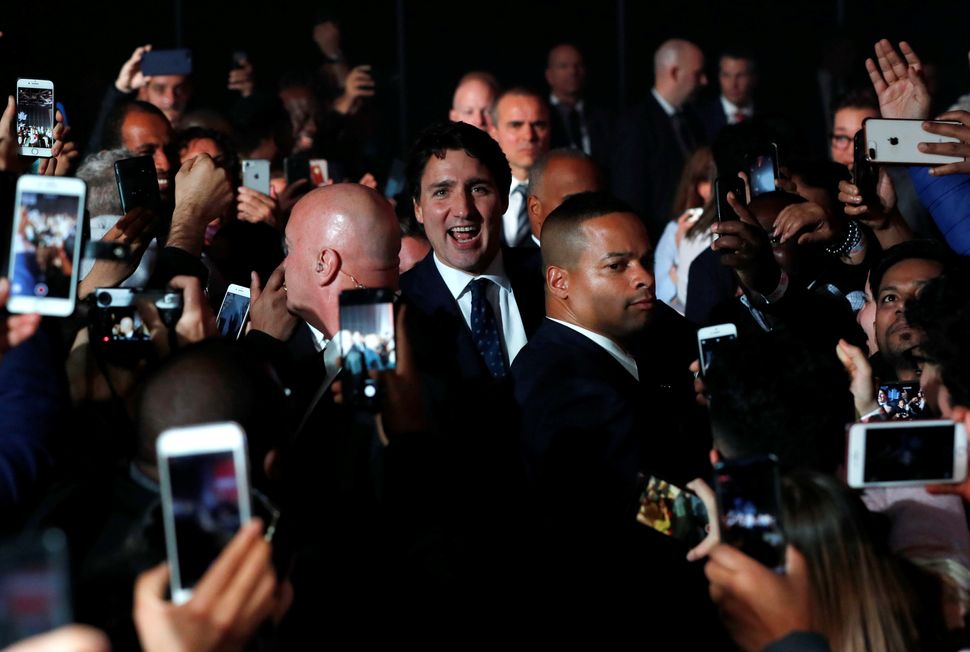 Liberal Leader Justin Trudeau arrives to speak to supporters after the federal election at the Palais des Congres in Montreal on Oct. 22, 2019.